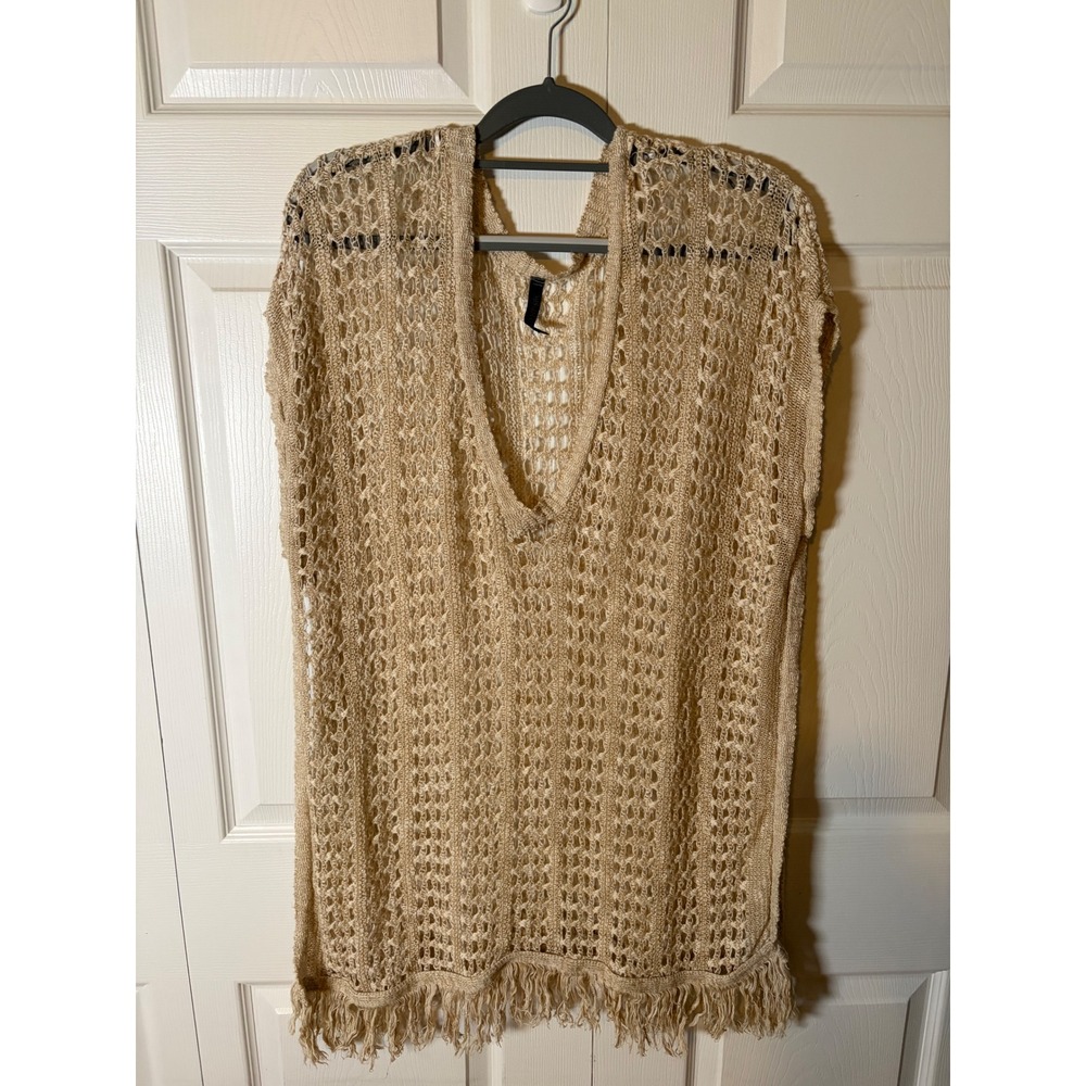 Absolutely Creative Worldwide Crochet Knit Fringe Poncho Top Beige Tan Large